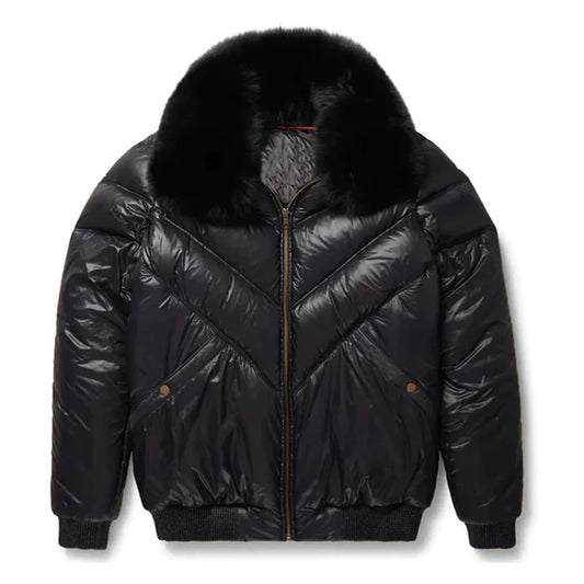 Men's Black V-Bomber Faux Shearling Leather Jacket-Men Shearling Jacket-Premium Leather Store