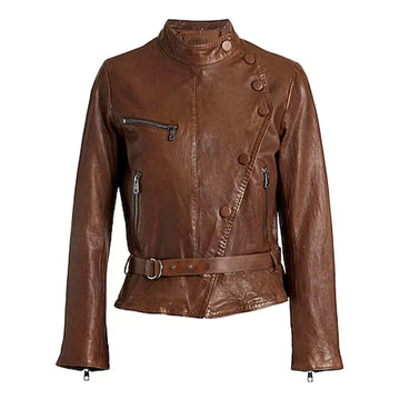 Women's Brown Buttoned Leather Moto Jacket