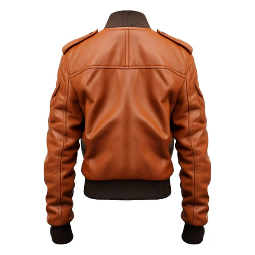 Men's Tan Strap Pocket Bomber Leather Jacket