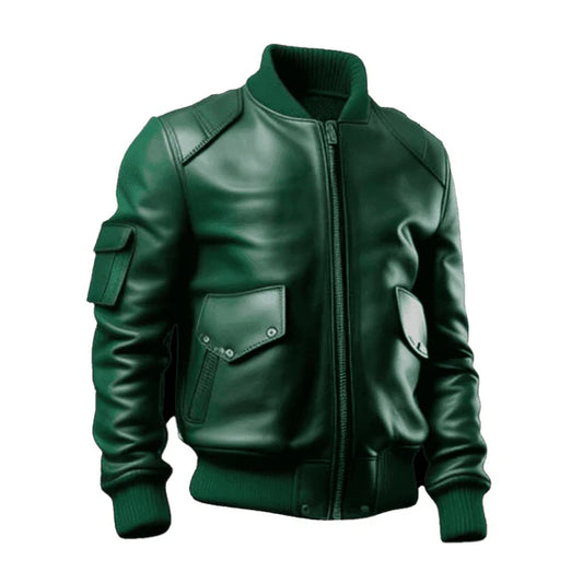 Men's Green Sleeve Pocket Bomber Leather Jacket