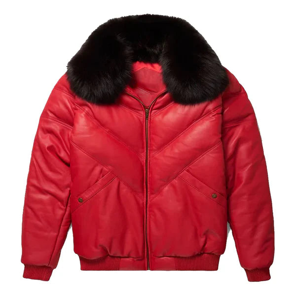 Men's Red V-Bomber Faux Shearling Leather Jacket-Men Shearling Jacket-Premium Leather Store