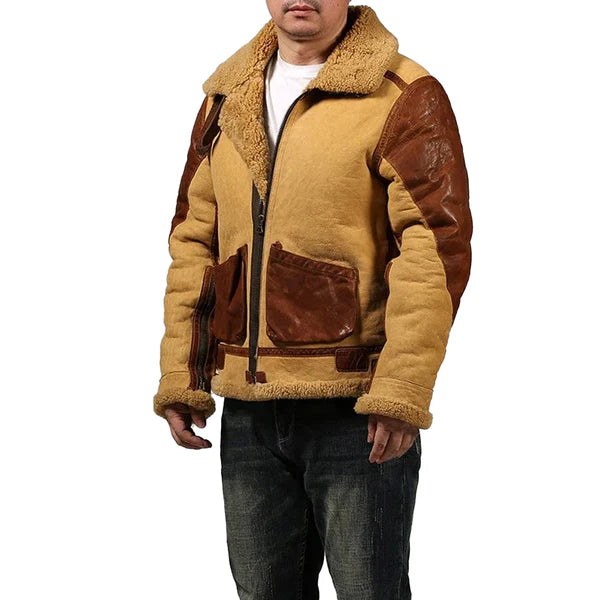 Men's B3 Retro Faux Shearling Casual Leather Bomber Jacket-Men Shearling Jacket-Premium Leather Store