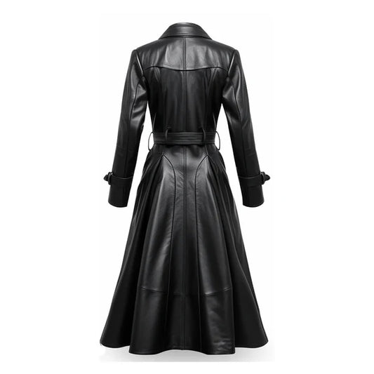 Women's Black Bravura Long Designer Leather Coat