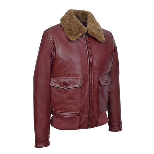 Men's Maroon Aviator Jet Fighter Faux Shearling Bomber Leather Jacket-Men Shearling Jacket-Premium Leather Store