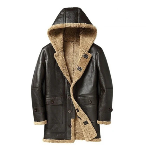 Men's Coffee Hooded B3 Shearling Leather Coat-Men Leather Coat-Premium Leather Store