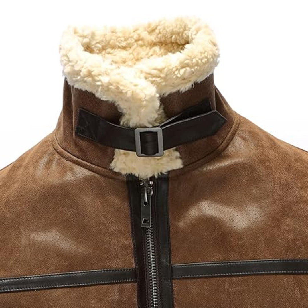 Men's Aviator Faux Shearling Motorcycle Bomber Leather Jacket-Men Shearling Jacket-Premium Leather Store