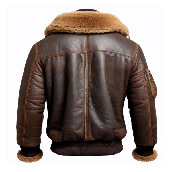 Men's Brown Aviator Lapel Faux Shearling Bomber Leather Jacket-Men Shearling Jacket-Premium Leather Store