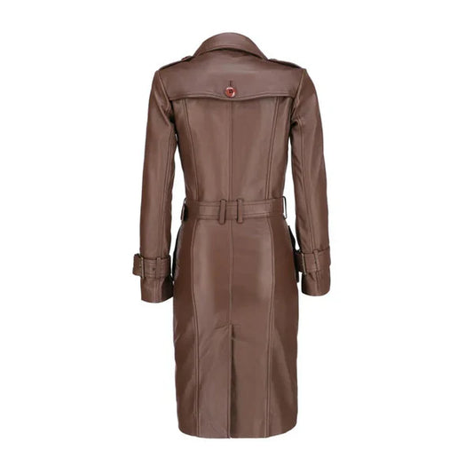 Women's Brown Double-Breasted Elegant Leather Trench Coat-Women Leather Coat-Premium Leather Store