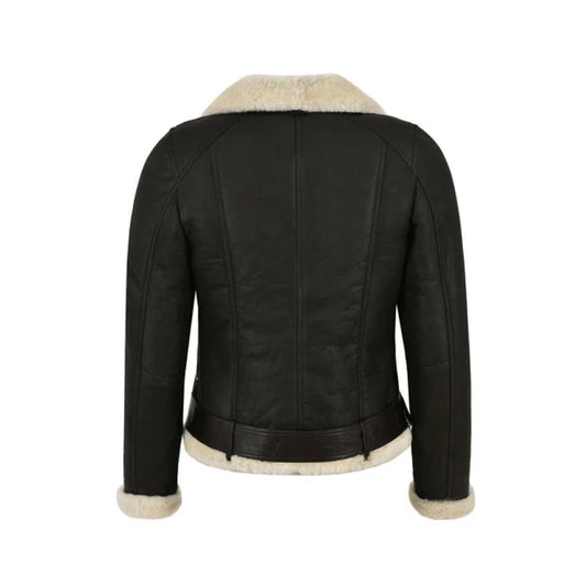 Women Black Faux Shearling Genuine Leather Biker Jacket