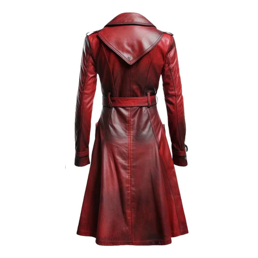 Women's Red Vire Long Fashionable Leather Coat-Women Leather Coat-Premium Leather Store