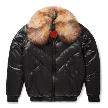 Men's Black Bubble V-Bomber Faux Shearling Leather Jacket-Men Shearling Jacket-Premium Leather Store