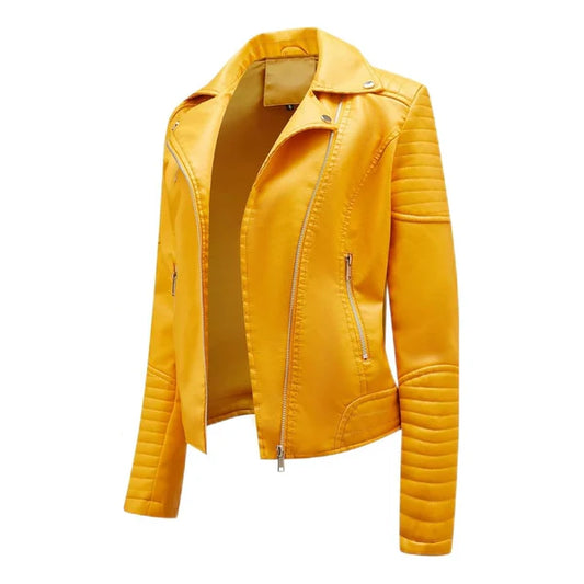 Women's Yellow Lapel Collar Moto Leather Jacket-Women Leather Jacket-Premium Leather Store