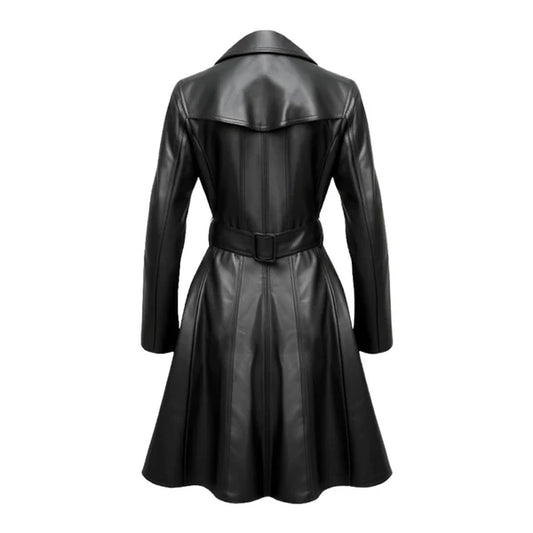 Women's Black Lumos Stylish Long Leather Coat-Women Leather Coat-Premium Leather Store