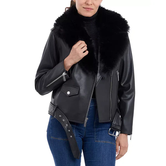 Women's Petite Faux Shearling Fur-Collar Moto Leather Coat