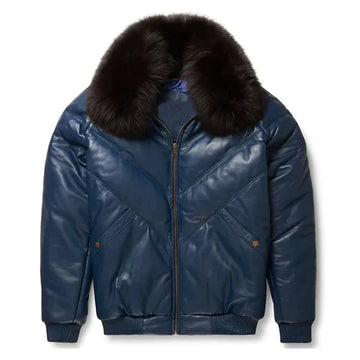 Men's Navy V-Bomber Faux Shearling Leather Jacket-Men Shearling Jacket-Premium Leather Store