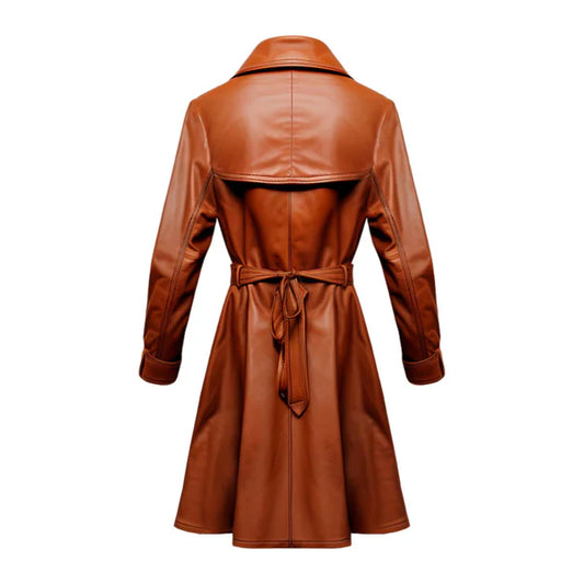 Women's Brown Echelon Long Authentic Leather Coat-Women Leather Coat-Premium Leather Store