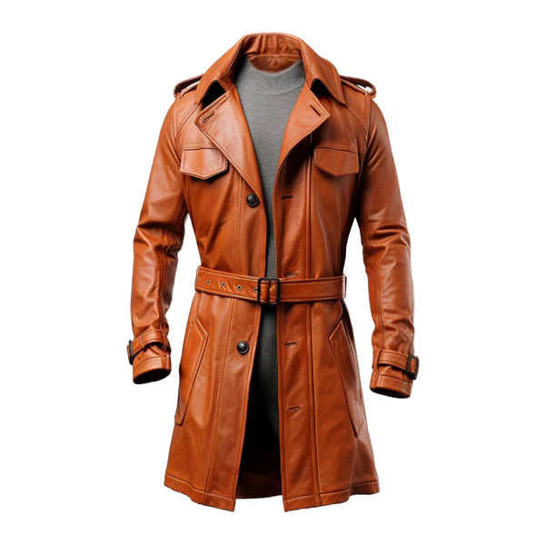 Tan Classic Long Real Leather Winter Coat-Men Leather Coat-Premium Leather Store