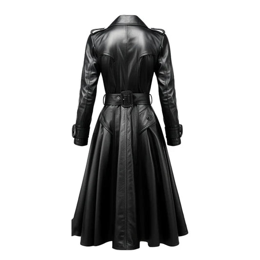 Women's Black Zeon Long Designer Leather Coat