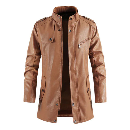 Brown Stand Collar Vintage Casual Leather Biker Coat-Men Leather Coat-Premium Leather Store