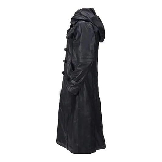 Black Hooded Goth Matrix Steampunk Long Leather Coat-Men Leather Coat-Premium Leather Store