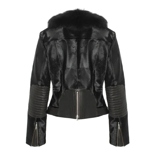 Women's Tara Calf Faux Shearling Black Fur Leather Jacket