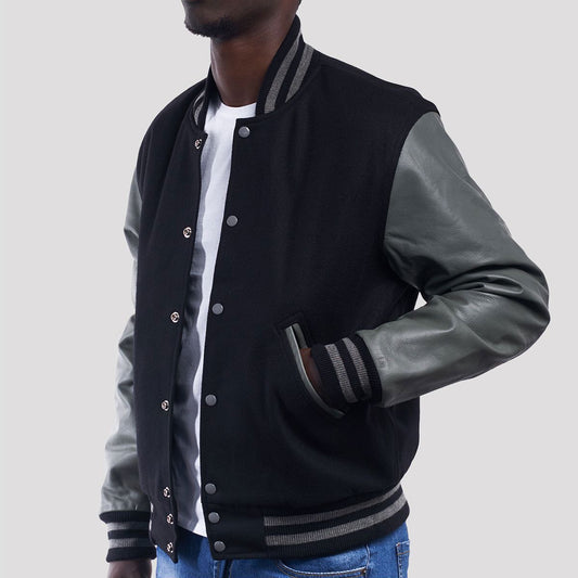 Black Wool Varsity Jacket with Grey Leather Sleeves