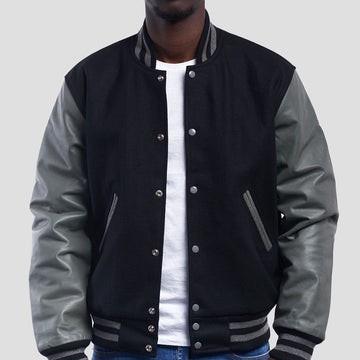 Black Wool Varsity Jacket with Grey Leather Sleeves