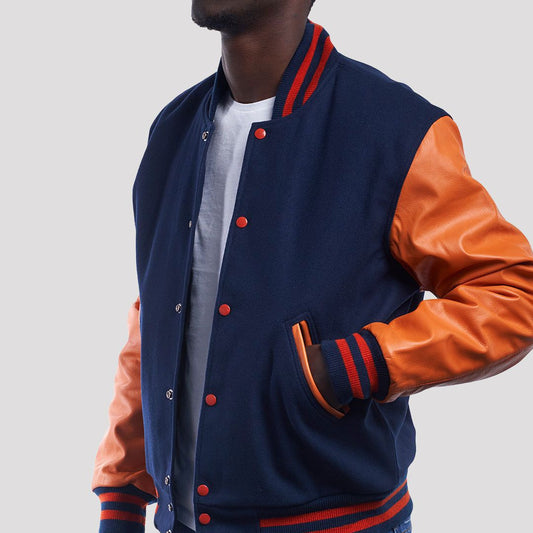 Royal Wool Varsity Jacket with Orange Leather Sleeves