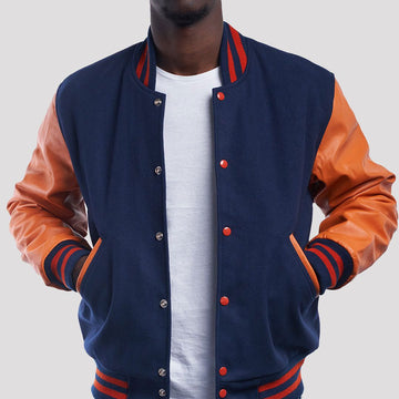 Royal Wool Varsity Jacket with Orange Leather Sleeves