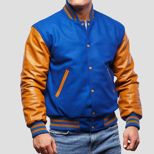 Bright Royal Wool Varsity Jacket with Old Gold Leather Sleeves