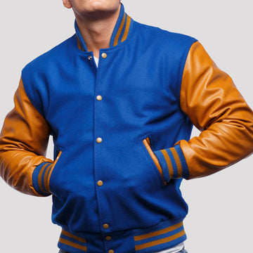 Bright Royal Wool Varsity Jacket with Old Gold Leather Sleeves