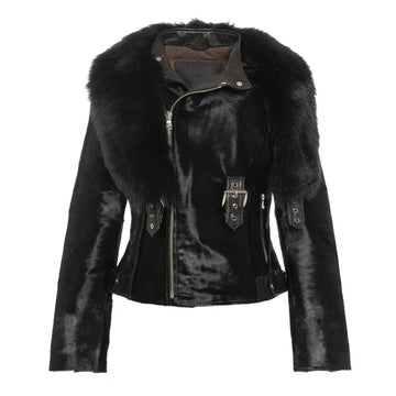 Women's Tara Calf Faux Shearling Black Fur Leather Jacket