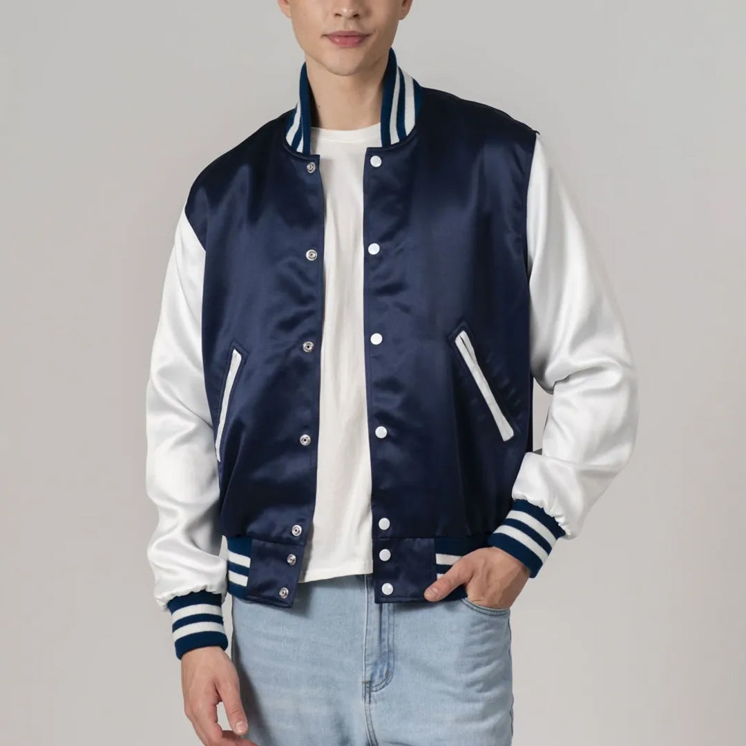 Navy Blue Satin Jacket with White Sleeves