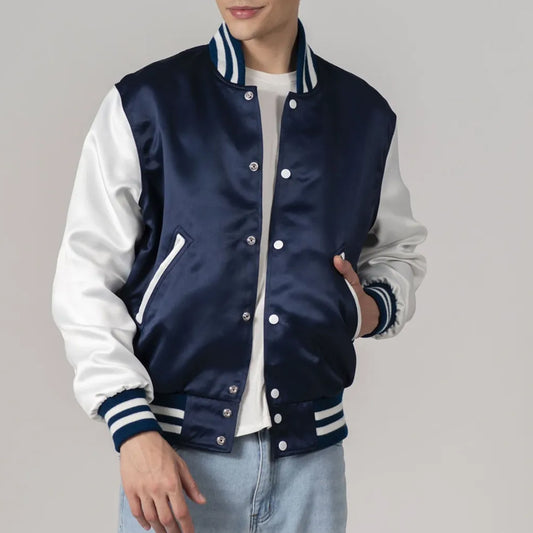 Navy Blue Satin Jacket with White Sleeves