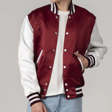 Maroon Satin Jacket with White Sleeves