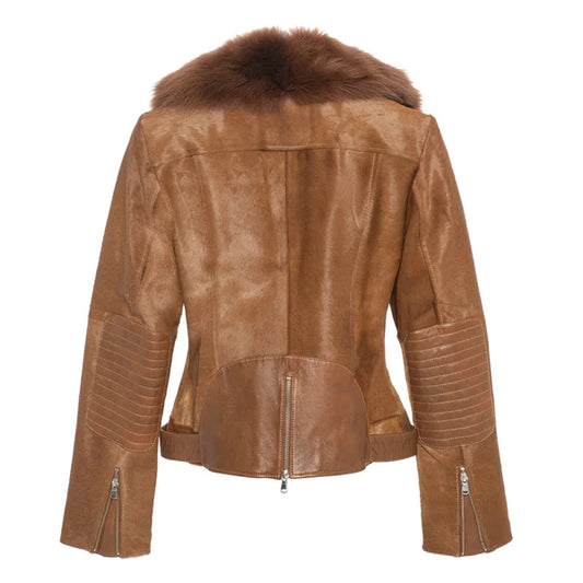 Women's Tara Calf Faux Shearling Brown Fur Leather Jacket