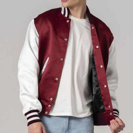 Maroon Satin Jacket with White Sleeves