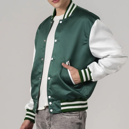 Kelly Green Satin Jacket with White Sleeves