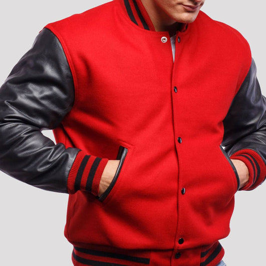 Scarlet Red Wool Varsity Jacket with Black Leather Sleeves