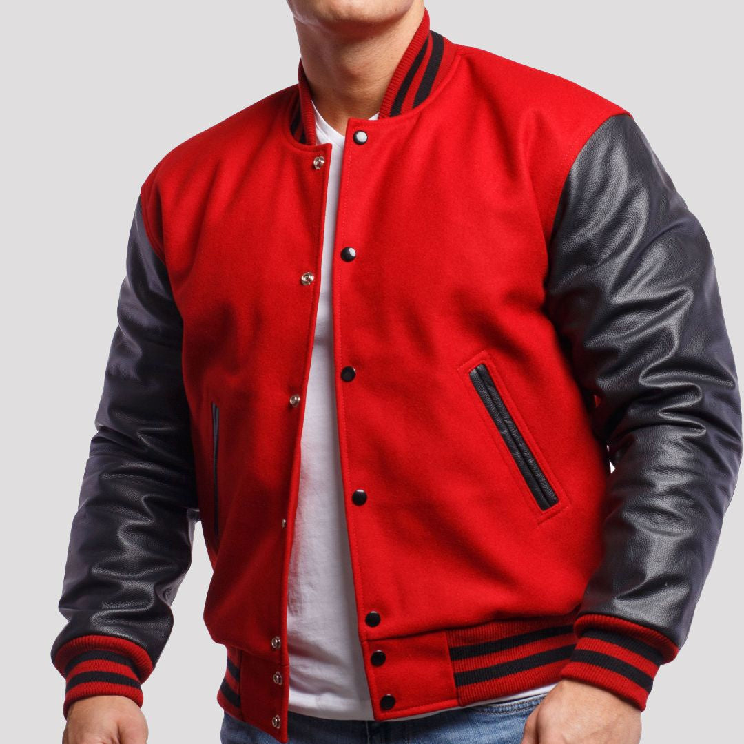 Scarlet Red Wool Varsity Jacket with Black Leather Sleeves