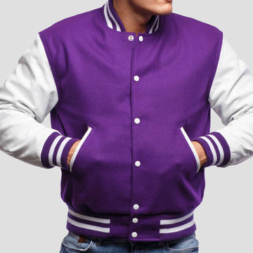 Purple Wool Varsity Jacket with Bright White Leather Sleeves