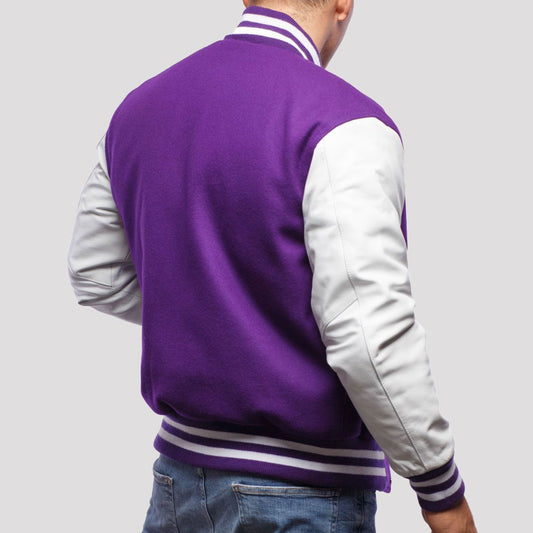 Purple Wool Varsity Jacket with Bright White Leather Sleeves