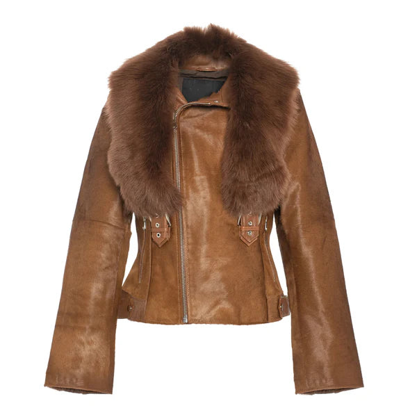 Women's Tara Calf Faux Shearling Brown Fur Leather Jacket