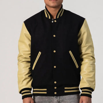 Black Melton Wool Varsity Jacket with Vegas Gold Leather Sleeves