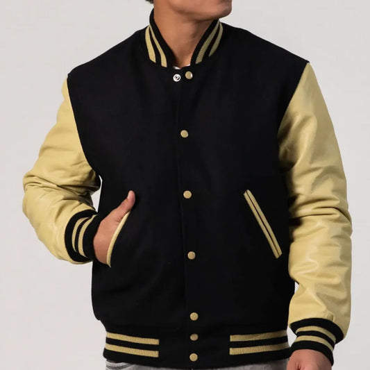 Black Melton Wool Varsity Jacket with Vegas Gold Leather Sleeves