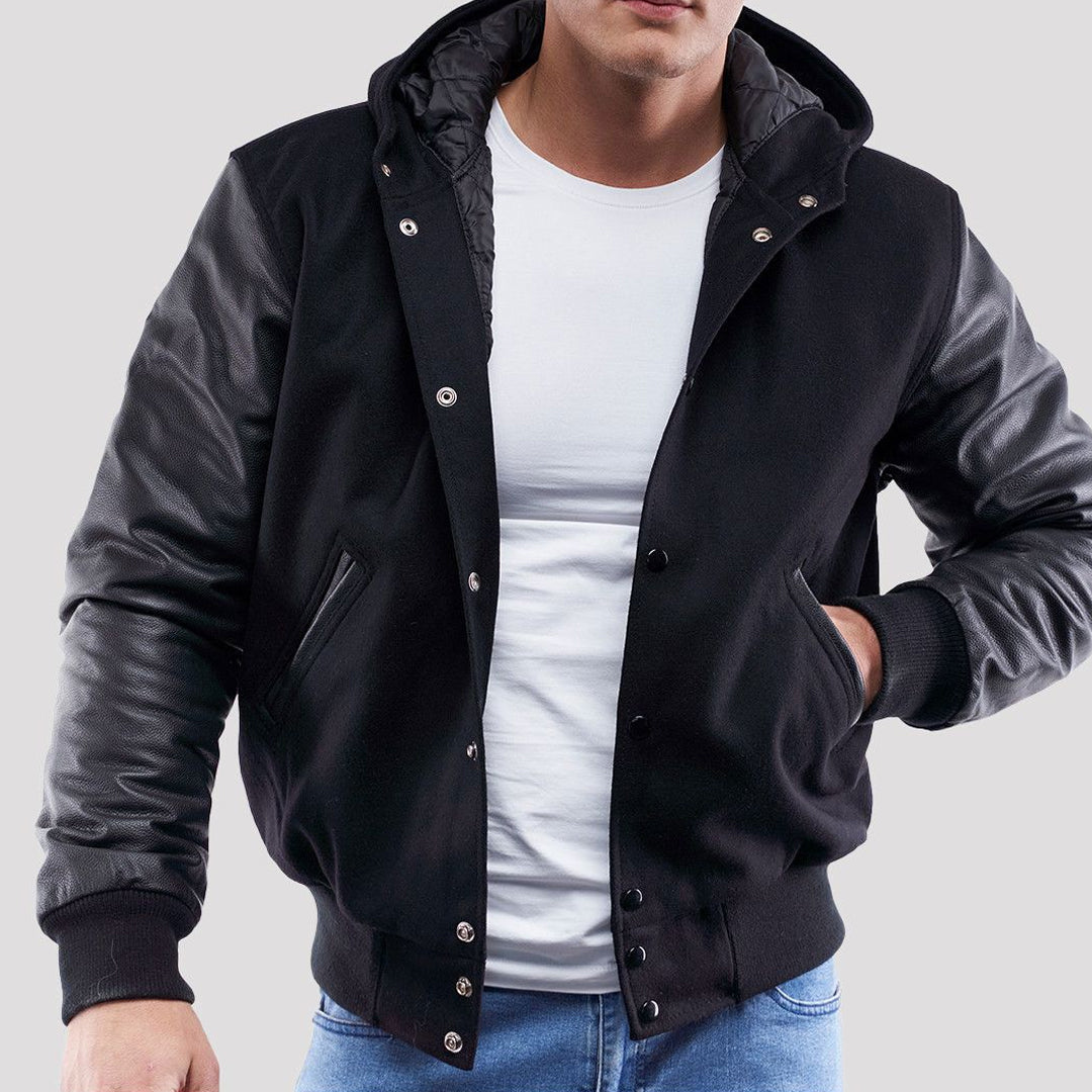 Black Wool Varsity Hoodie Jacket with Black Leather Sleeves