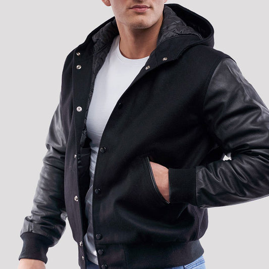 Black Wool Varsity Hoodie Jacket with Black Leather Sleeves