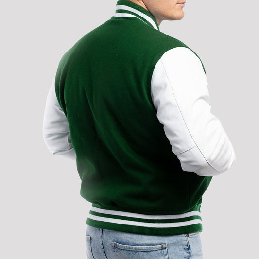 Kelly Green Wool Varsity Jacket with Bright White Leather Sleeves