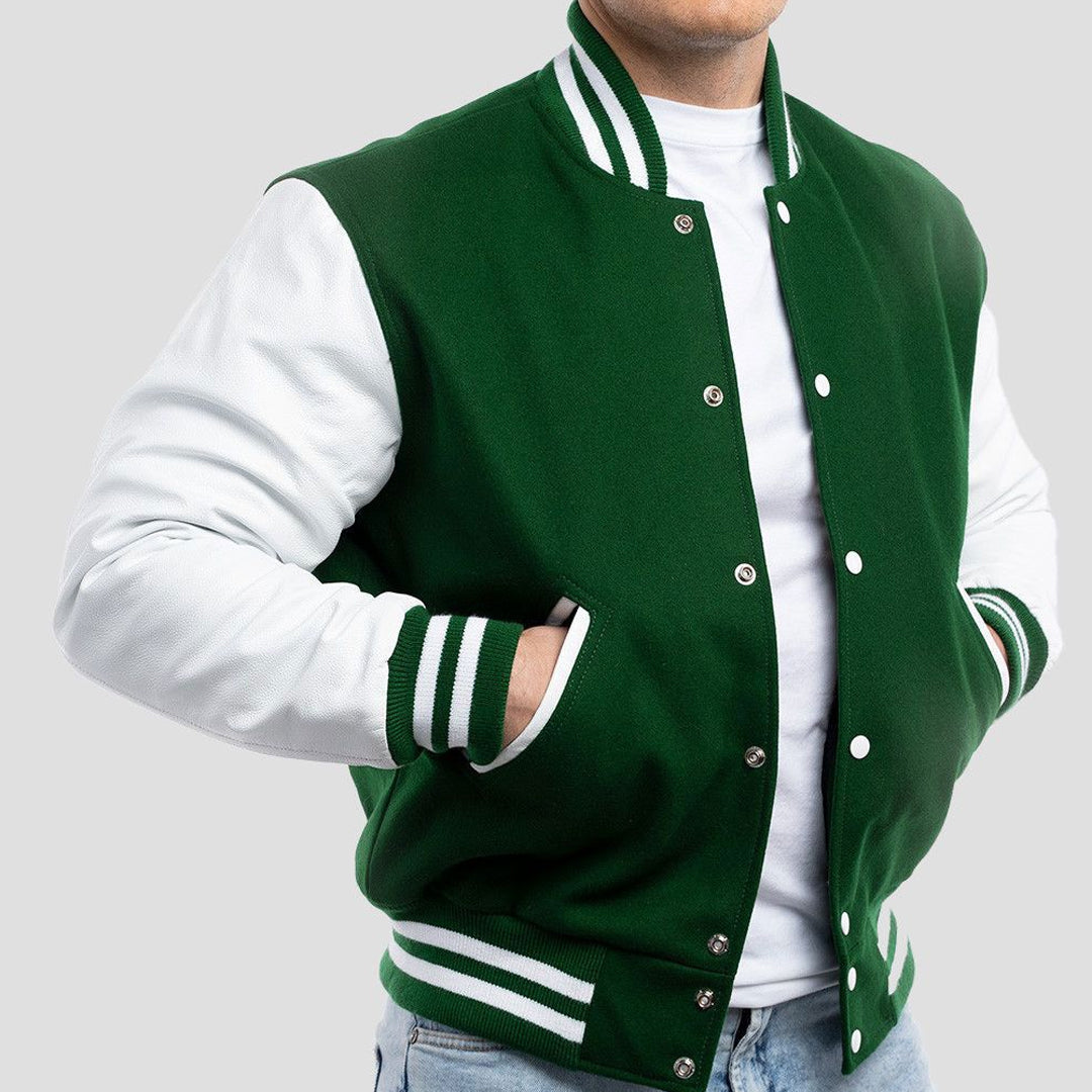 Kelly Green Wool Varsity Jacket with Bright White Leather Sleeves