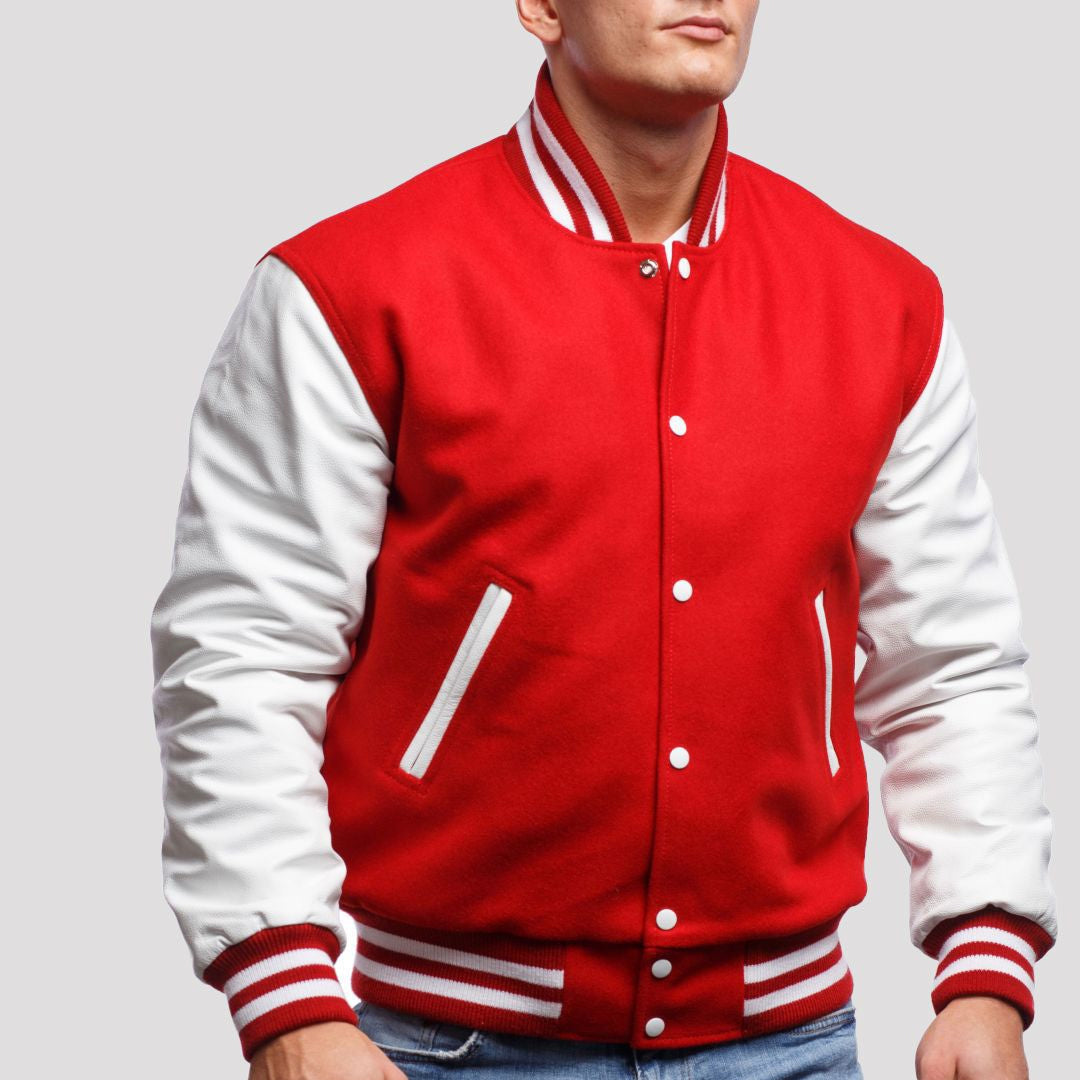 Scarlet Wool Varsity Jacket with Bright White Leather Sleeves